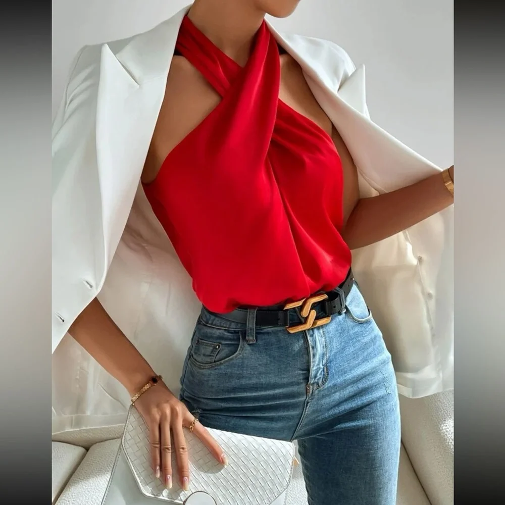 Luxe red twist front halter top